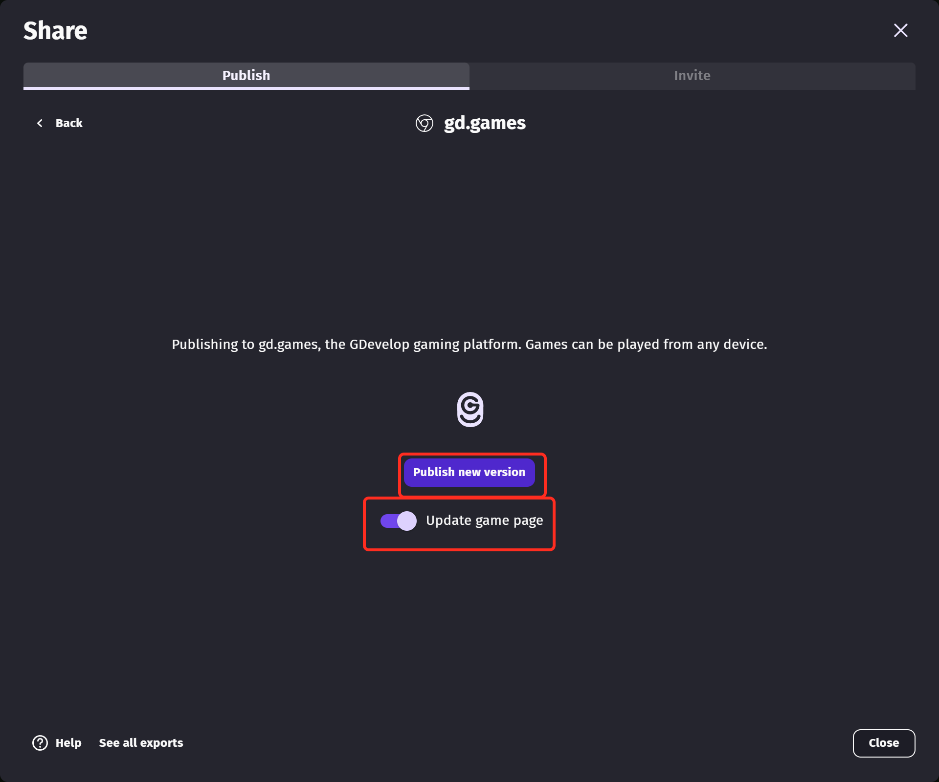 The gd.games export screen, with the Publish new version button and the Update game page switch