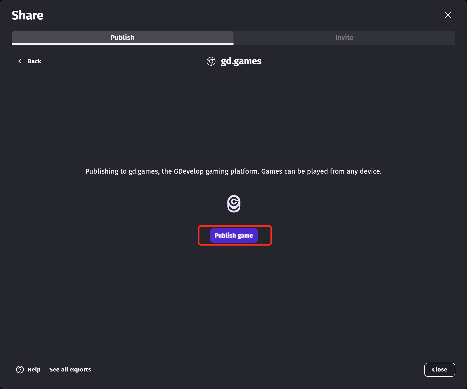 The gd.games export screen, with the Publish game button